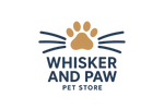 A professional logo for WhiskerAndPaw.net featuring stylized cat whiskers and dog paw elements