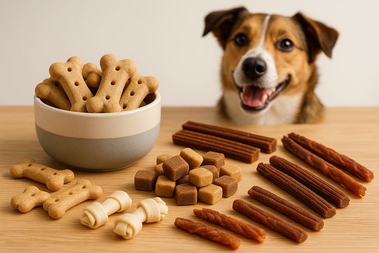 Dog treats display with dog in background